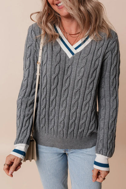 Cable-Knit V-Neck Long Sleeve Sweater-Angel Casuals