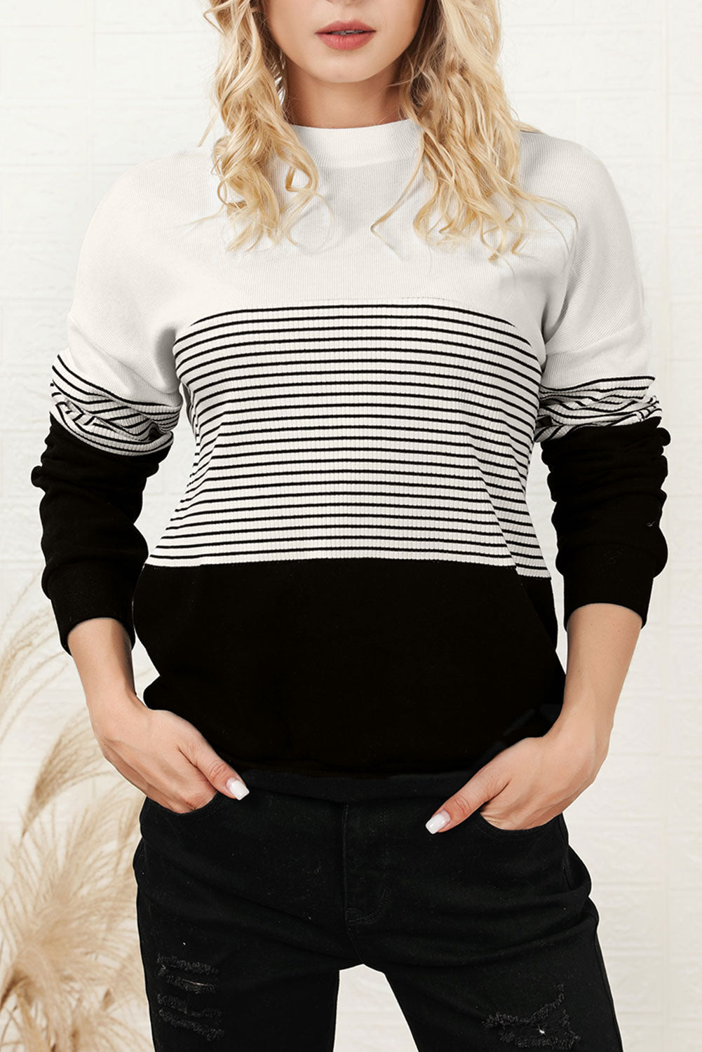 Striped Color Block Long Sleeve Knit Top-Angel Casuals