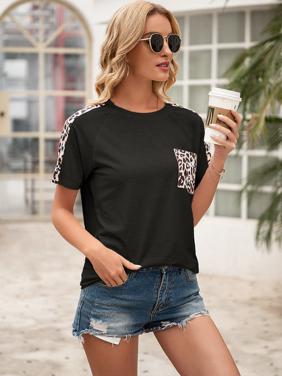 Pocketed Leopard Round Neck Short Sleeve T-Shirt-Angel Casuals