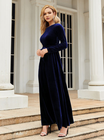 Tie Front Round Neck Long Sleeve Maxi Dress-Angel Casuals