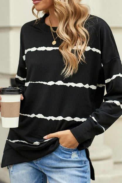 Slit Contrast Striped Round Neck Long Sleeve T-Shirt-Angel Casuals