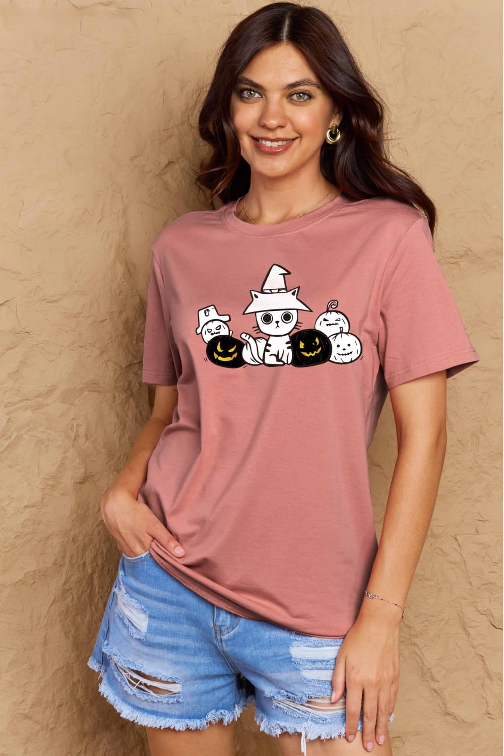 Simply Love Full Size Cat & Pumpkin Graphic Cotton T-Shirt-Angel Casuals