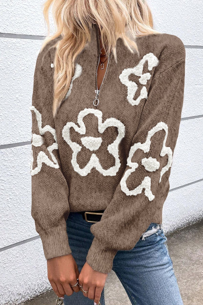 Flower Half Zip Dropped Shoulder Sweater-Angel Casuals