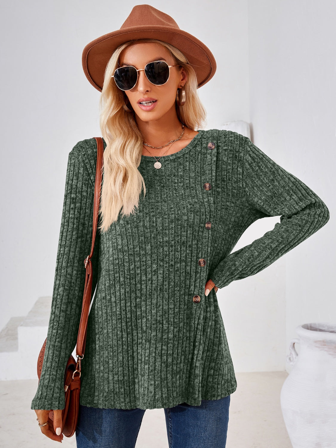 Ribbed Buttoned Round Neck Slit T-Shirt-Angel Casuals