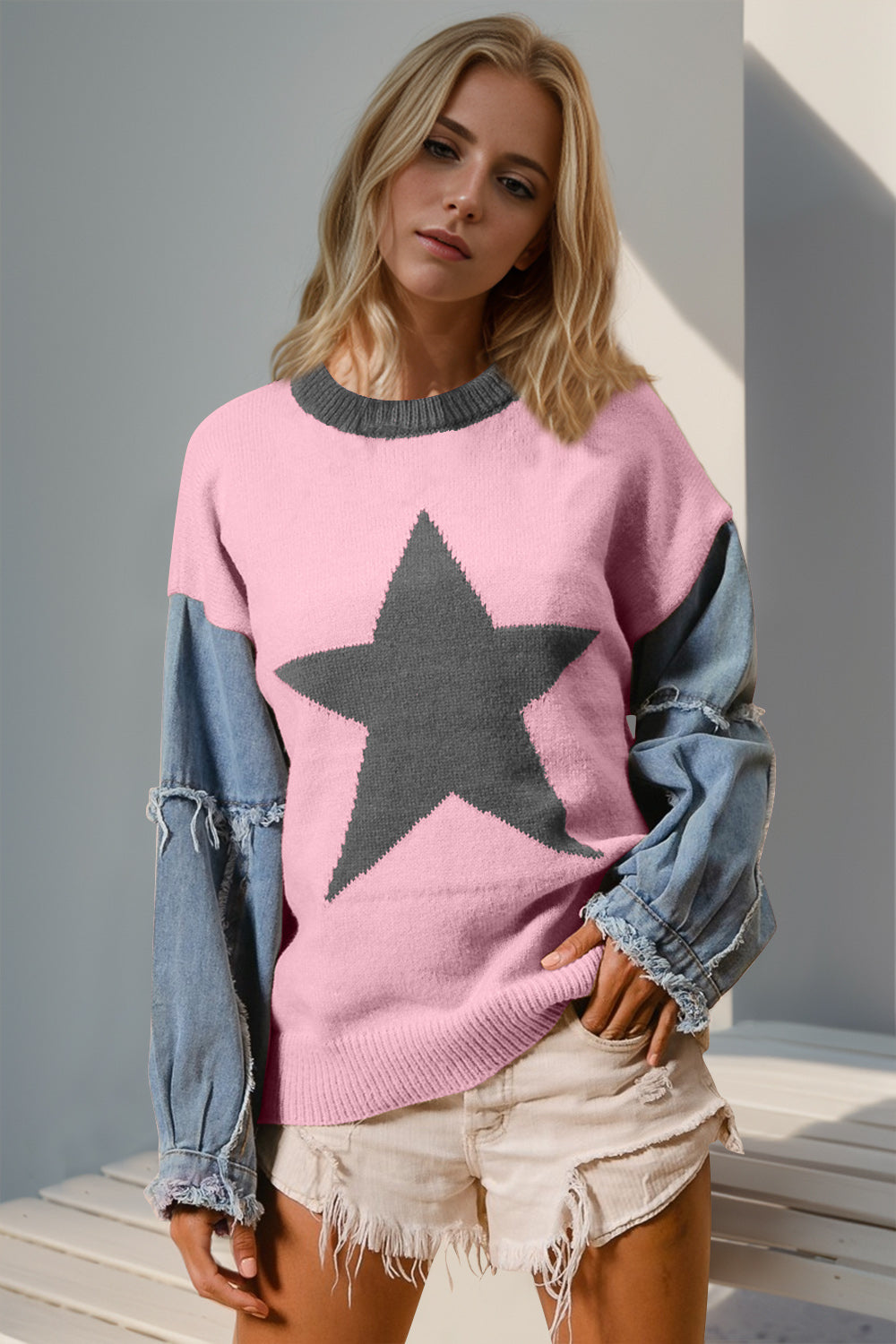 Double Take Full Size Star Pattern Raw Edge Long Sleeve Sweater-Angel Casuals