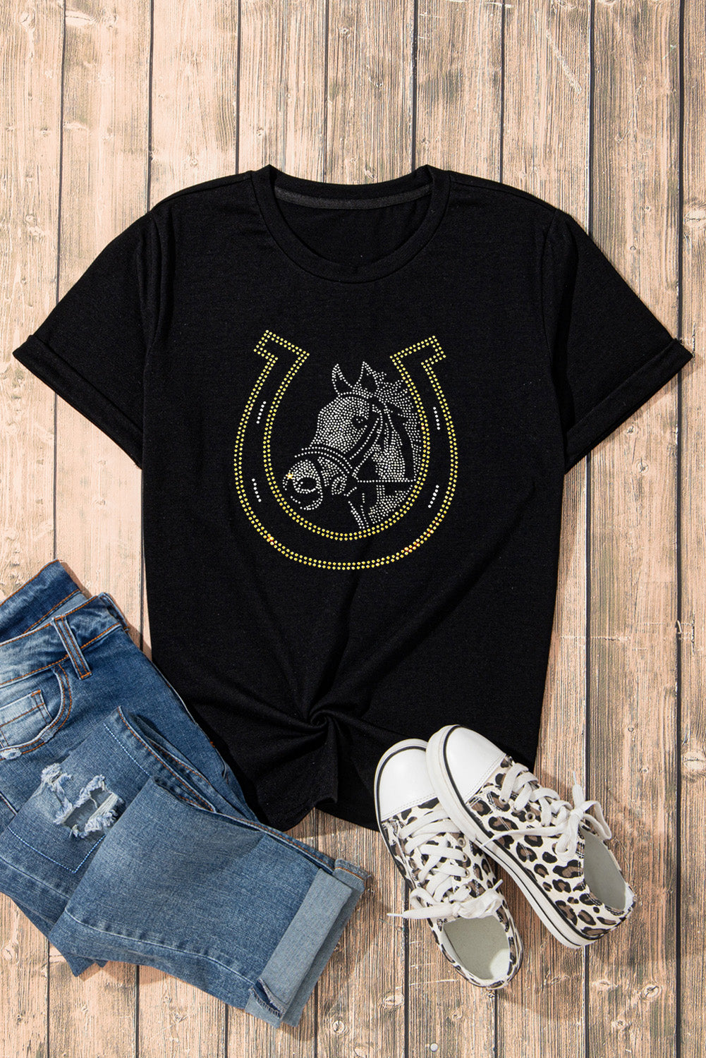 Rhinestone Round Neck Short Sleeve T-Shirt-Angel Casuals