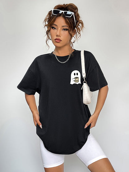 Round Neck Short Sleeve Ghost Graphic T-Shirt-Angel Casuals