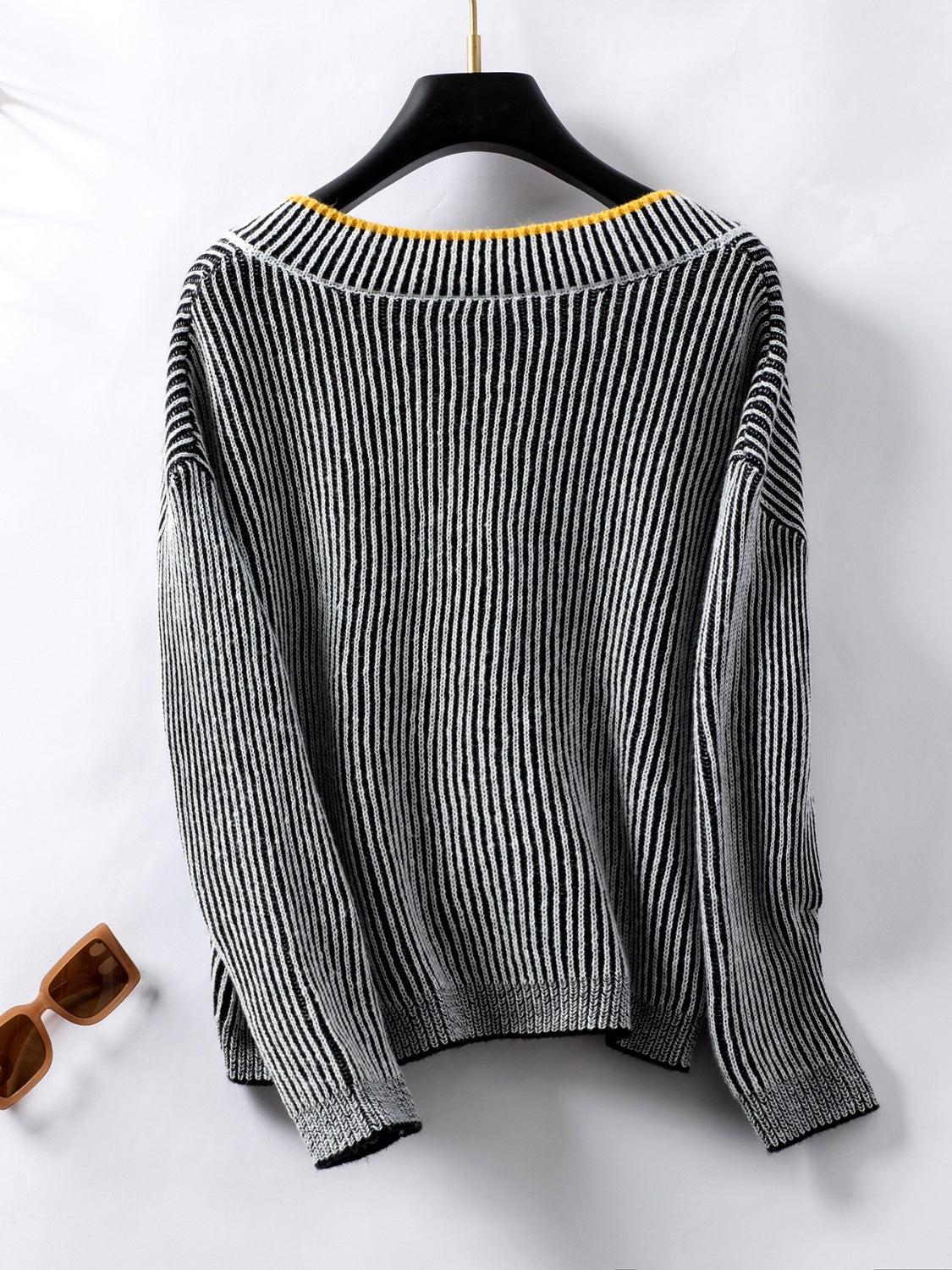 Striped V-Neck Long Sleeve Sweater-Angel Casuals