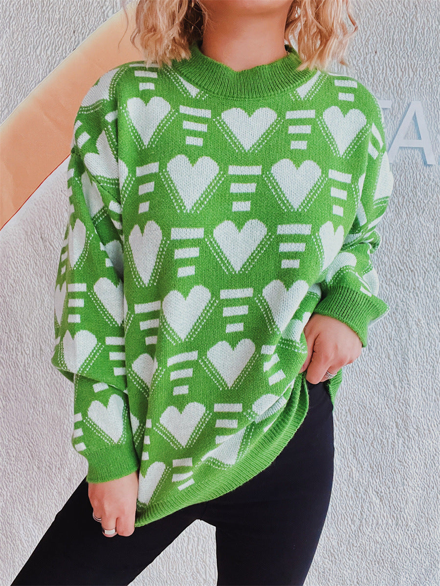 Heart Contrast Long Sleeve Dropped Shoulder Sweater-Angel Casuals