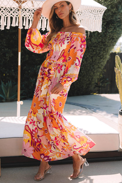 Printed Off-Shoulder Balloon Sleeve Maxi Dress-Angel Casuals