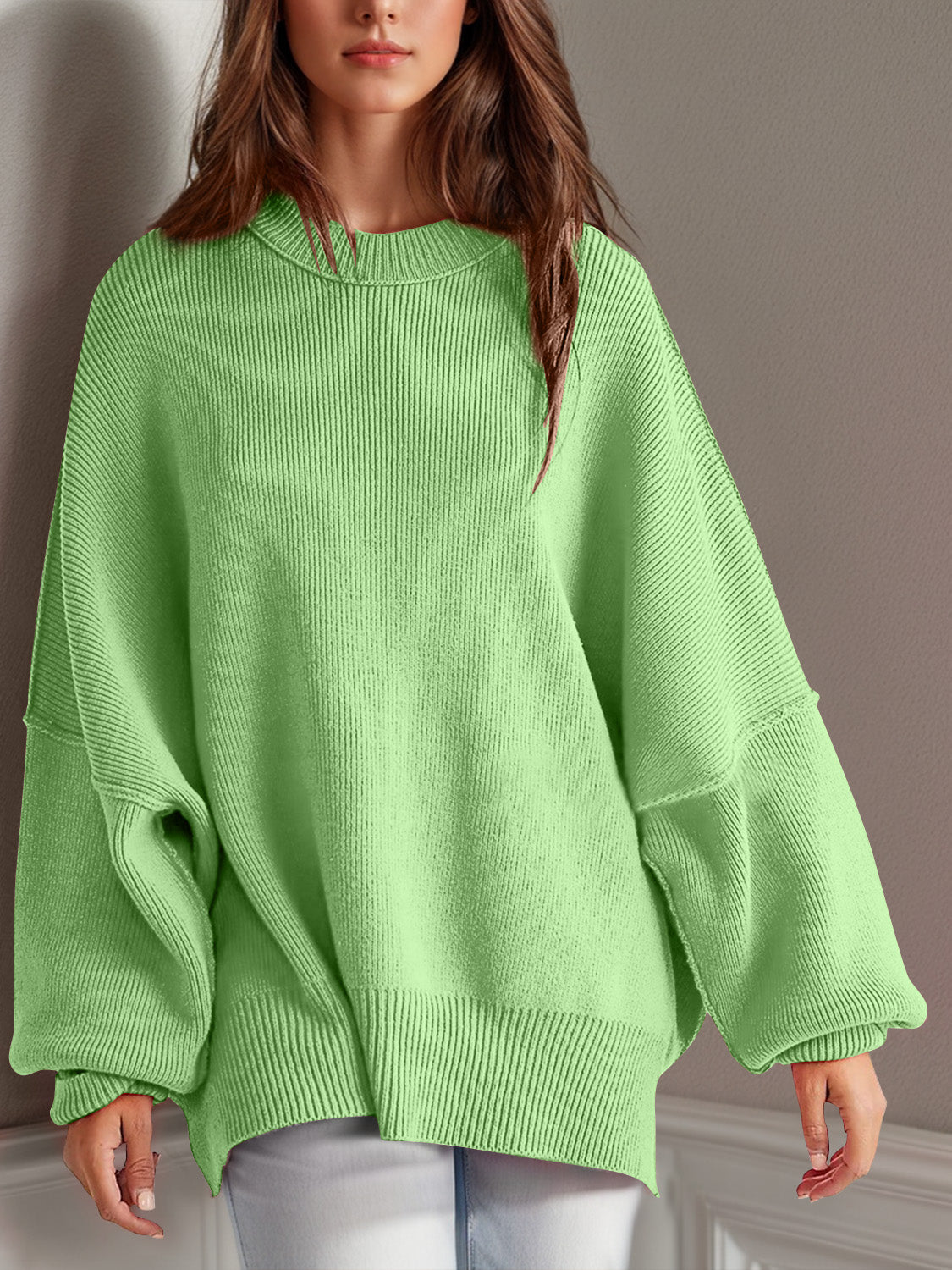 Double Take Side Slit Round Neck Long Sleeve Sweater-Angel Casuals