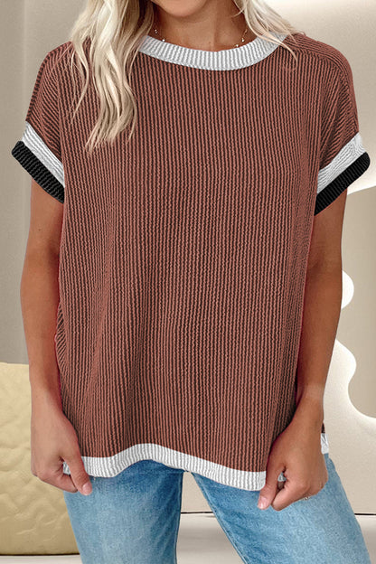 Color Block Round Neck Cap Sleeve T-Shirt-Angel Casuals