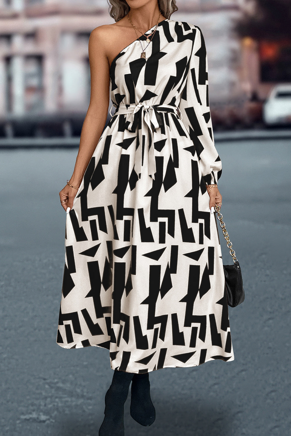 Printed One-Shoulder Tie Waist Dress-Angel Casuals