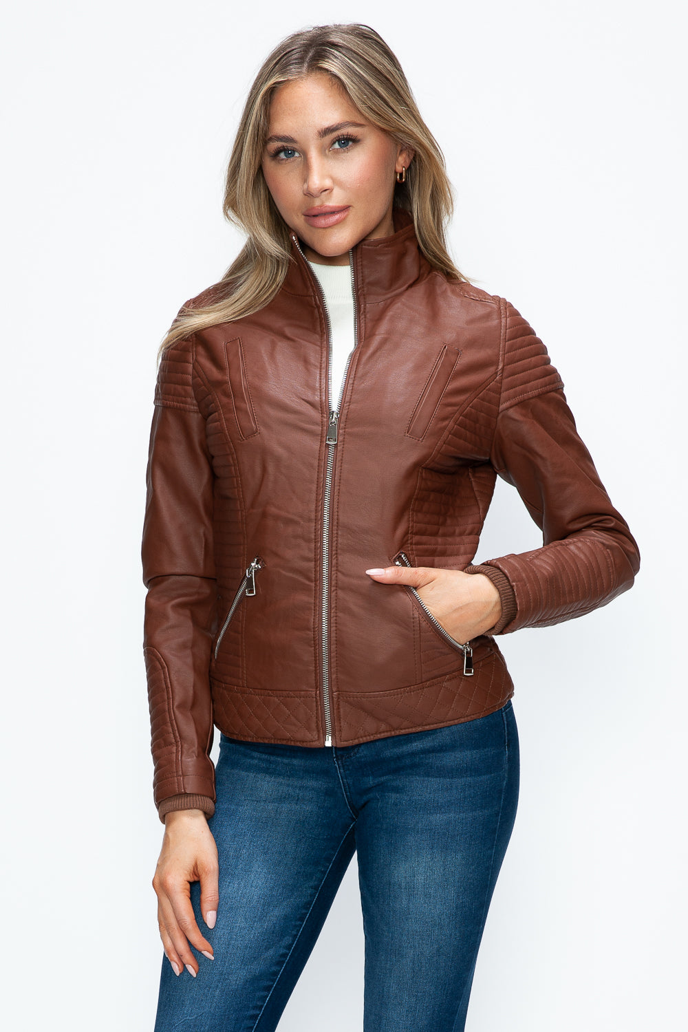 YMI Faux Layered Double-Zipper Jacket with Fuzzy Hood-Angel Casuals