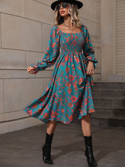 Printed Square Neck Flounce Sleeve Dress-Angel Casuals