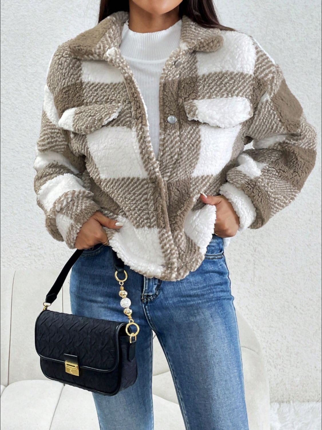 Decorative Pocket Flap Plaid Long Sleeve Jacket-Angel Casuals