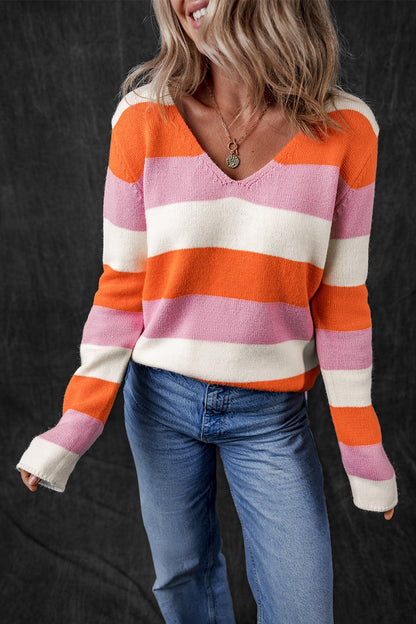 Color Block V-Neck Long Sleeve Sweater-Angel Casuals