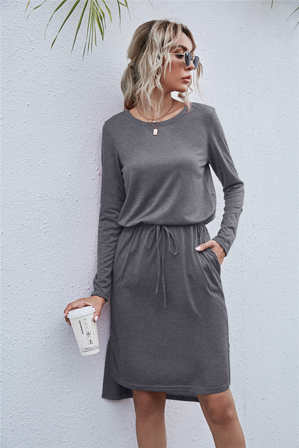 Round Neck Side Slit Dress-Angel Casuals