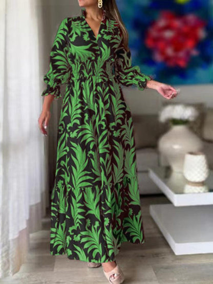 Printed Flounce Sleeve Maxi Dress-Angel Casuals