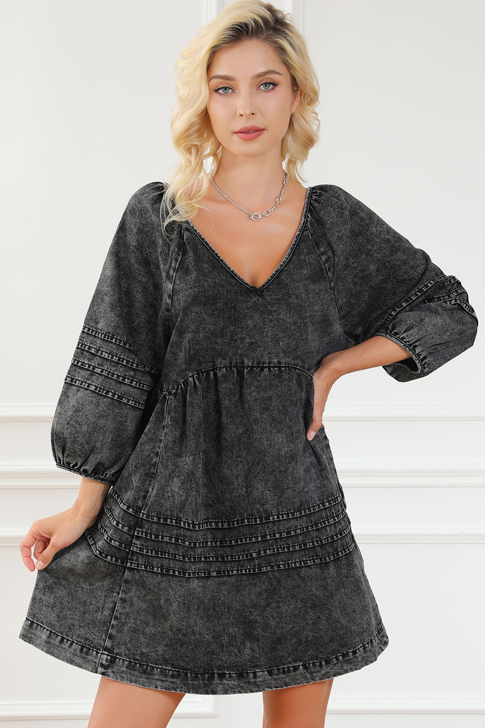 V-Neck Tie Back Mini Denim Dress-Angel Casuals