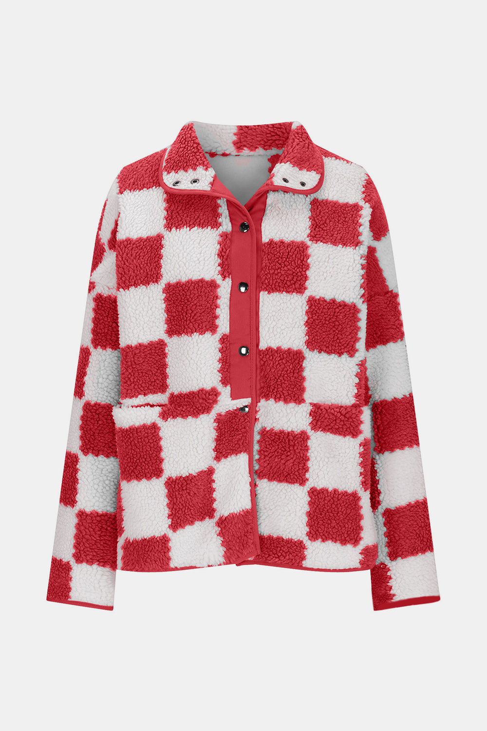 Checkered Snap Down Long Sleeve Teddy Jacket-Angel Casuals