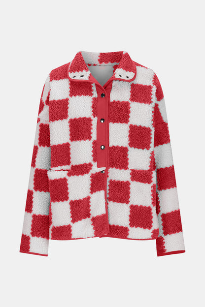 Checkered Snap Down Long Sleeve Teddy Jacket-Angel Casuals