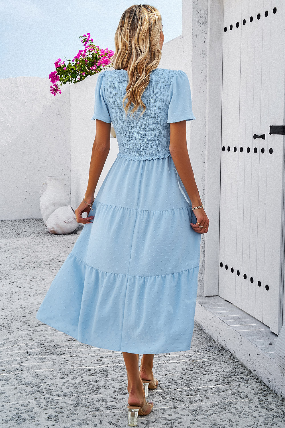 Swiss Dot Short Sleeve Smocked Dress-Angel Casuals