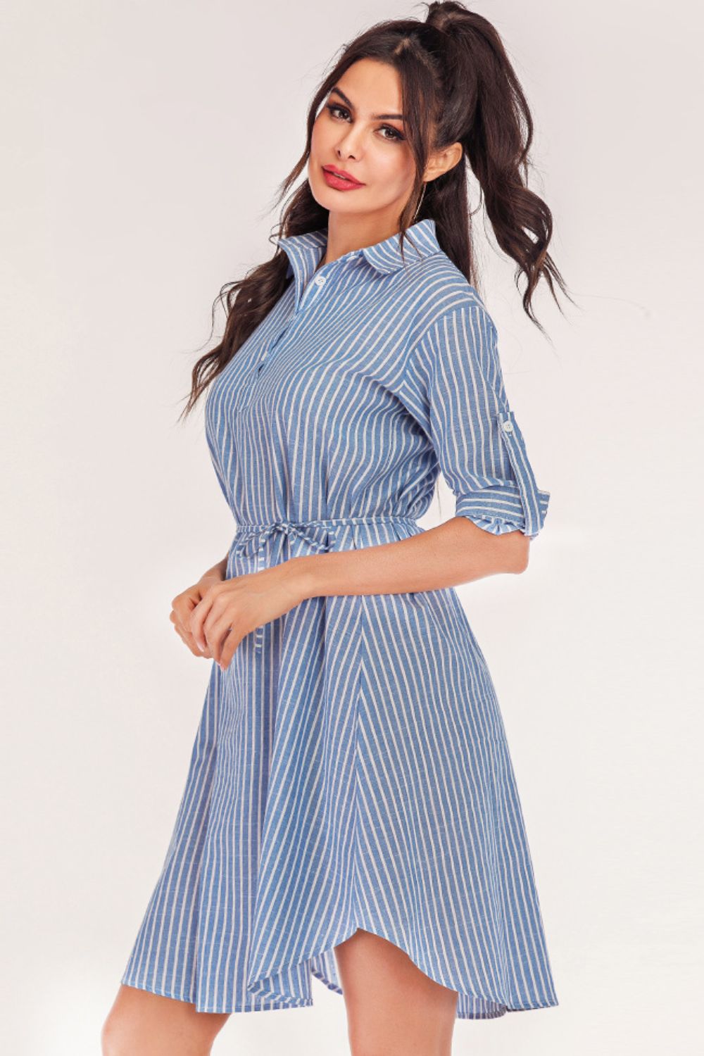 Full Size Striped Quarter-Button Roll-Tab Sleeve Shirt Dress-Angel Casuals