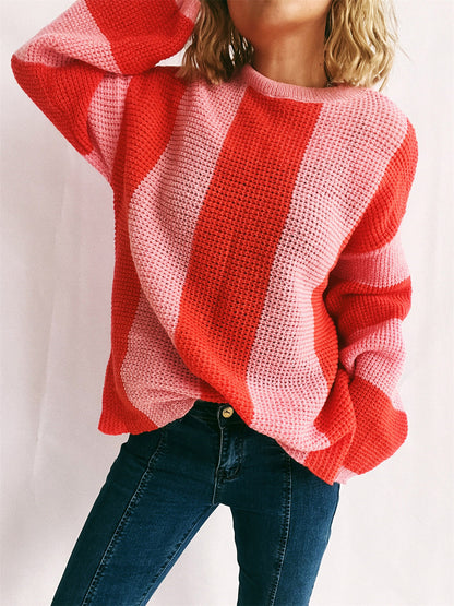 Color Block Round Neck Long Sleeve Sweater-Angel Casuals