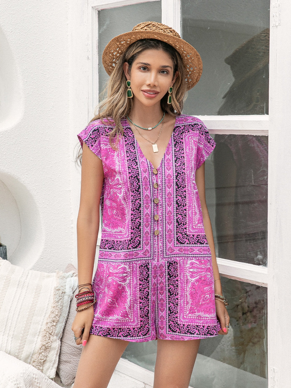 Printed V-Neck Cap Sleeve Romper-Angel Casuals