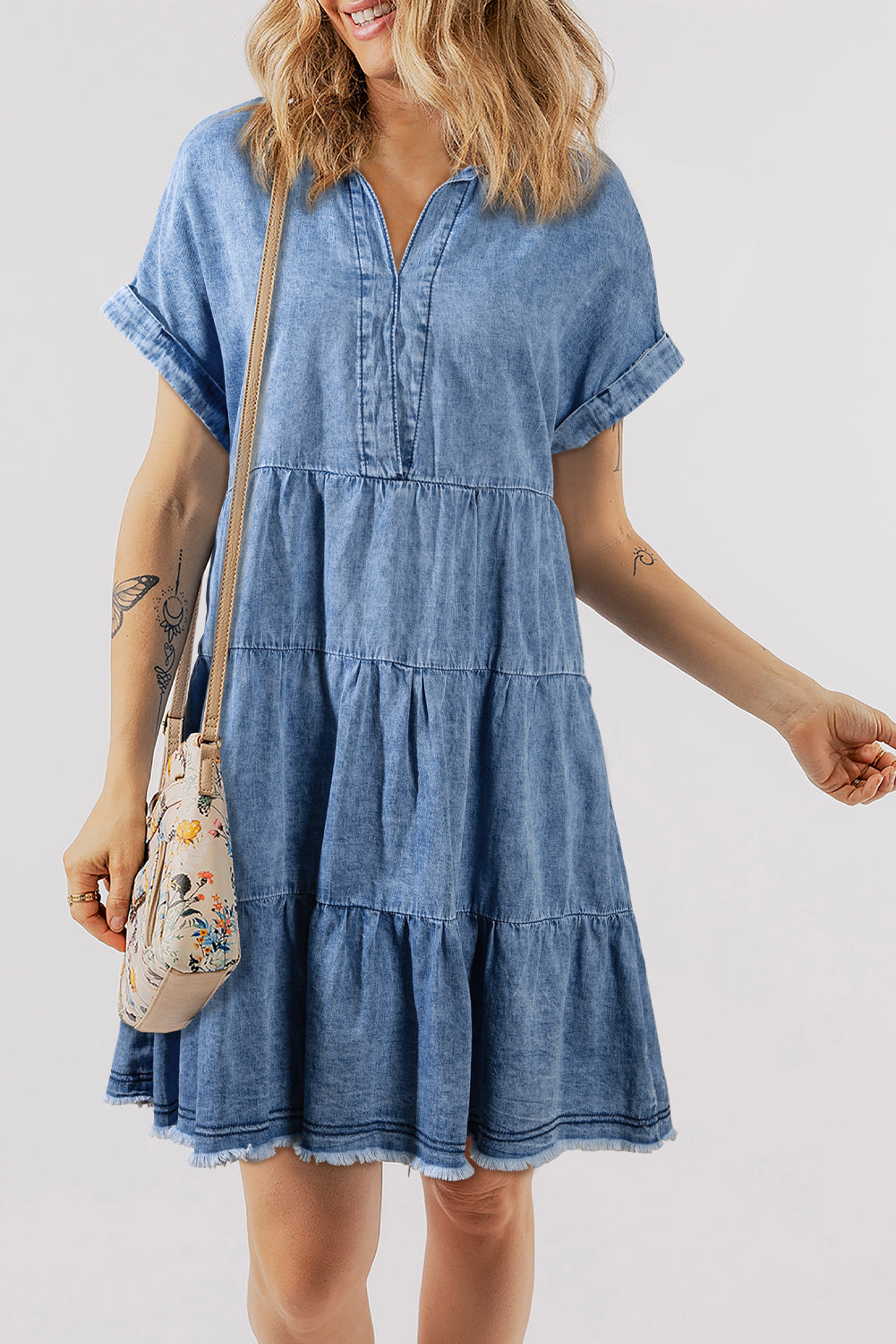 Raw Hem Collared Neck Short Sleeve Denim Dress-Angel Casuals