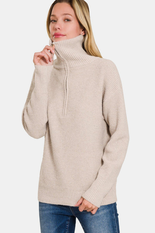 Zenana Half Zip Long Sleeve Sweater-Angel Casuals