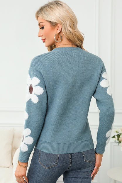 Flower Round Neck Long Sleeve Sweater-Angel Casuals