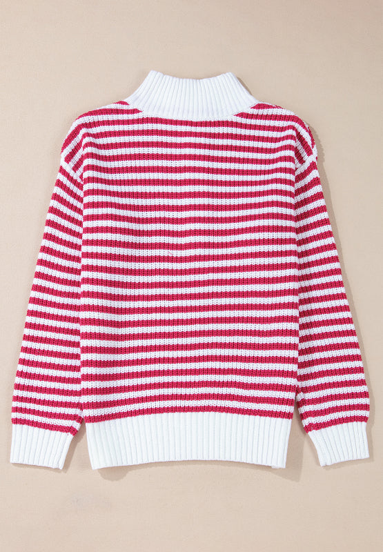 Striped Half Zip Mock Neck Long Sleeve Sweater-Angel Casuals