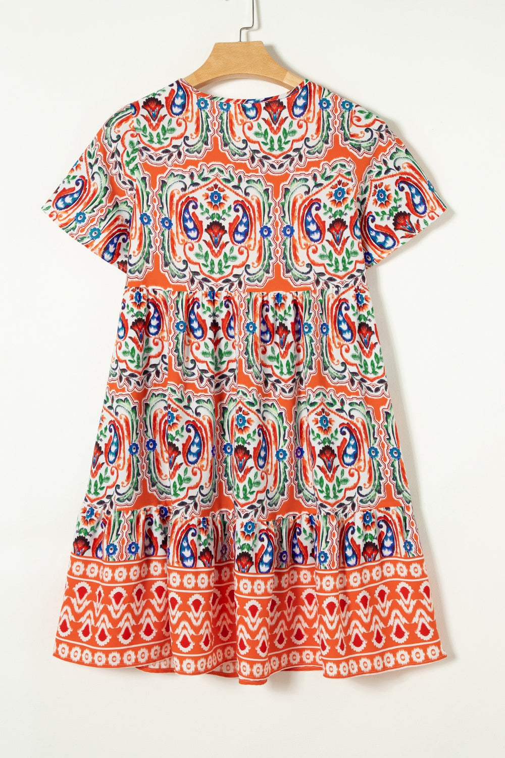 Printed Tie Neck Short Sleeve Dress-Angel Casuals