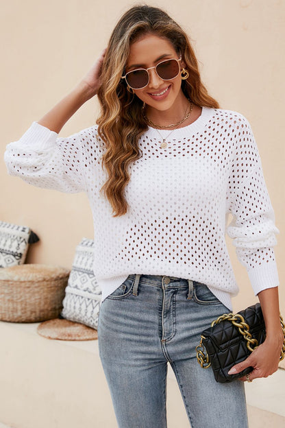 Round Neck Openwork Dropped Shoulder Knit Top-Angel Casuals