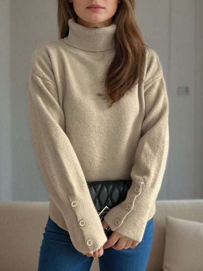 Front Slit Decorative Button Turtleneck Sweater-Angel Casuals