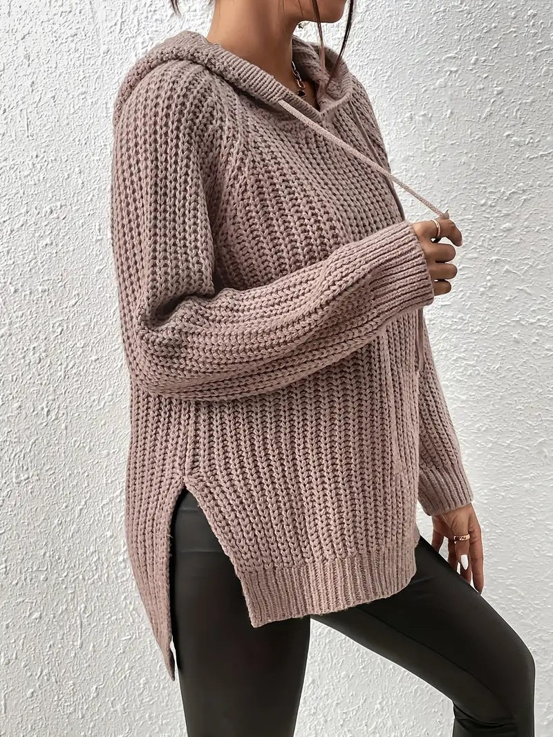 High-Low Side Slit Drawstring Long Sleeve Hooded Sweater-Angel Casuals