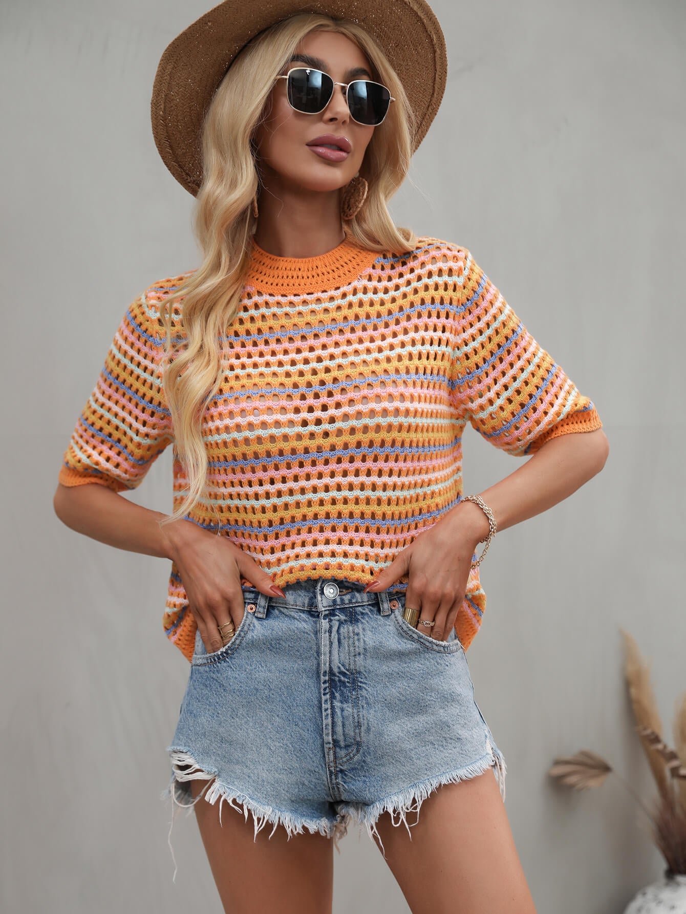 Striped Openwork Half Sleeve Knit Top-Angel Casuals