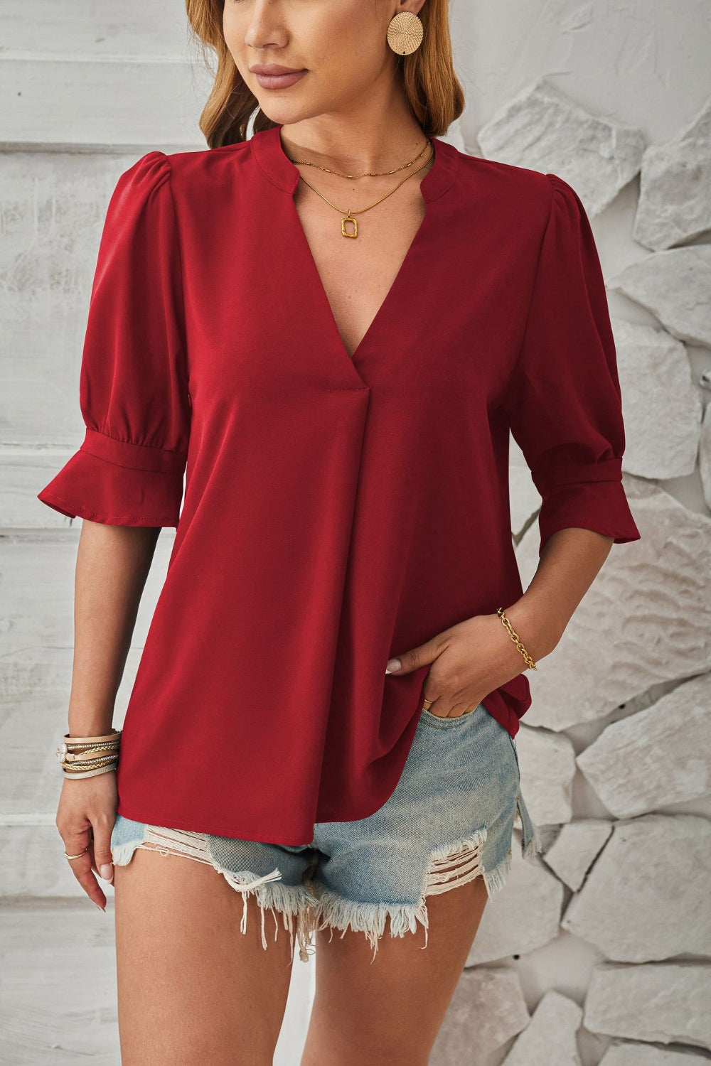 Notched Half Sleeve T-Shirt-Angel Casuals