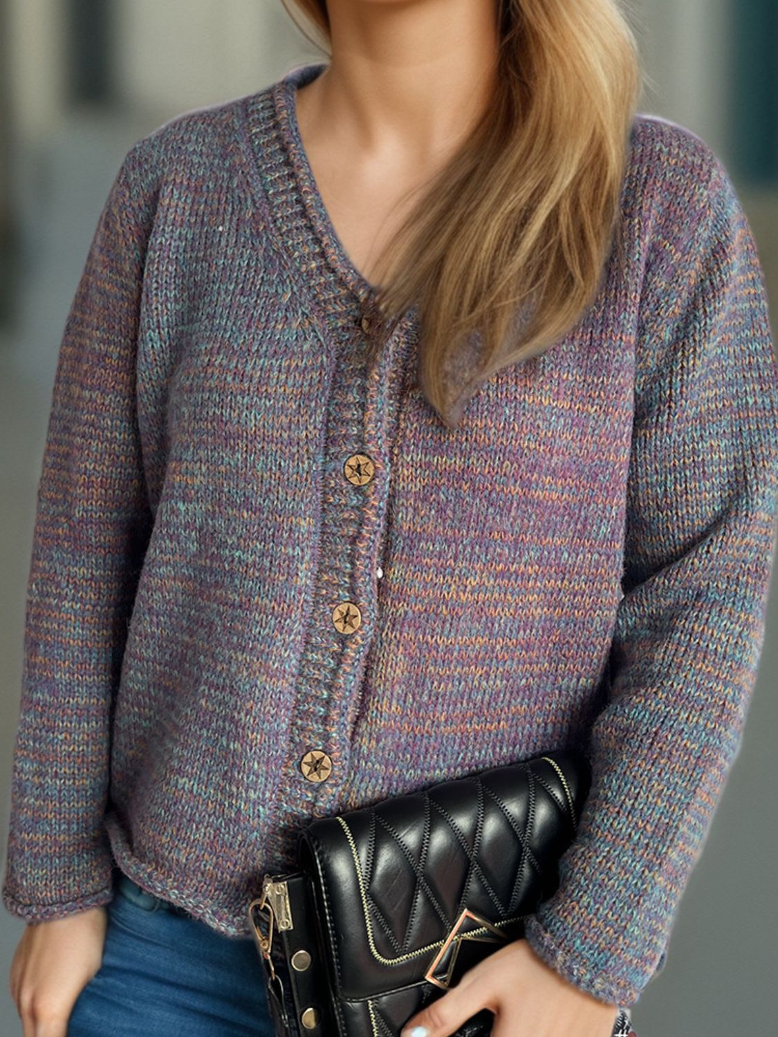 Heathered V-Neck Long Sleeve Cardigan-Angel Casuals