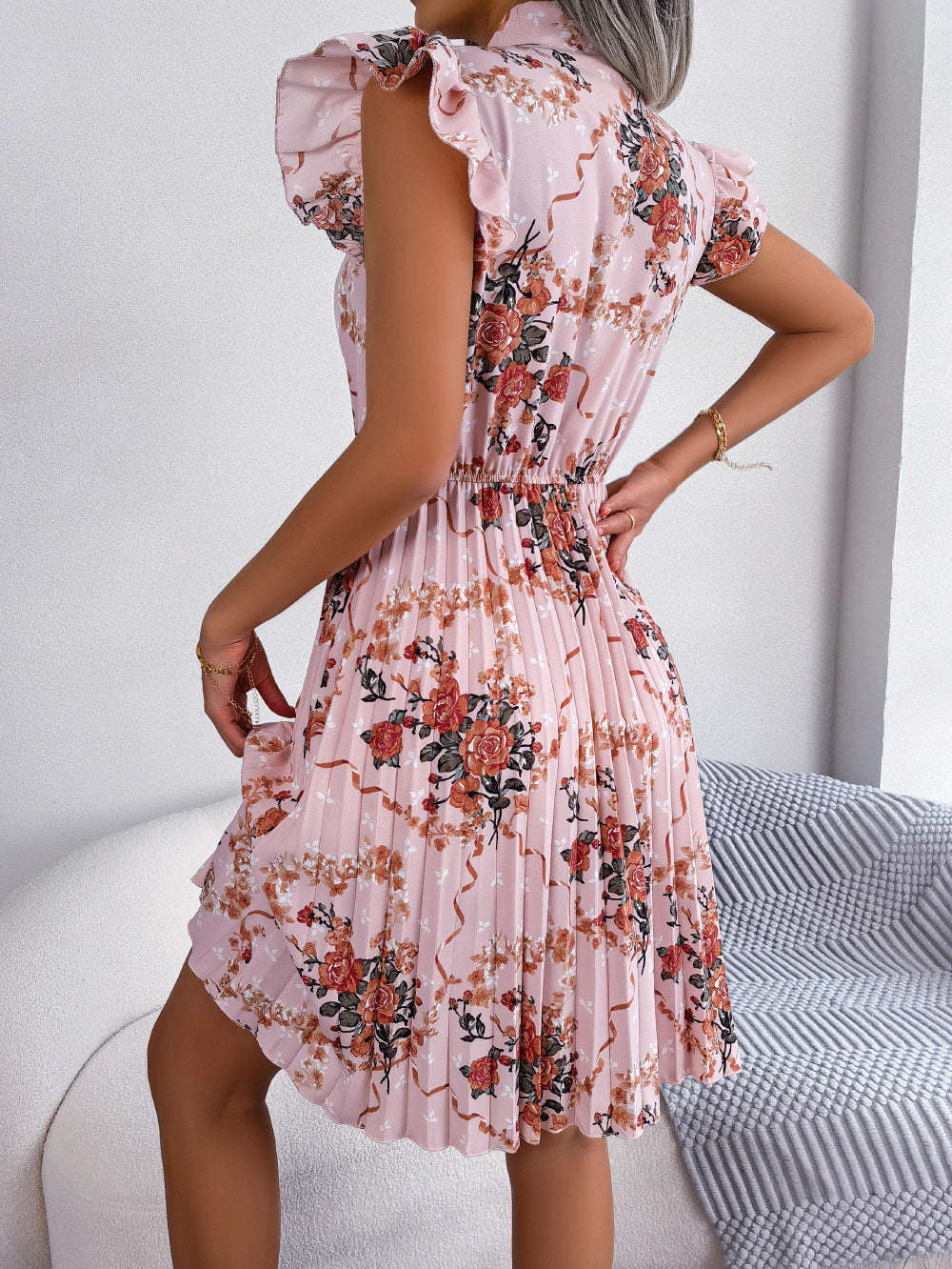 Pleated Floral Printed Tie Neck Knee Length Dress-Angel Casuals