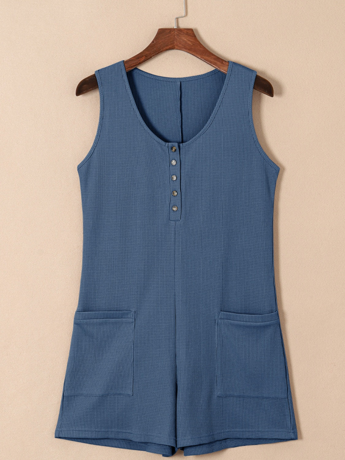 Waffle-Knit Half Button Sleeveless Romper with Pockets-Angel Casuals