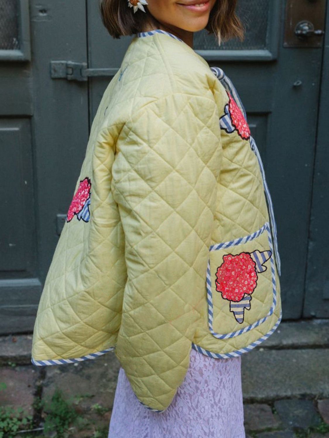 Embroidered Flower Tied Long Sleeve Winter Coat-Angel Casuals