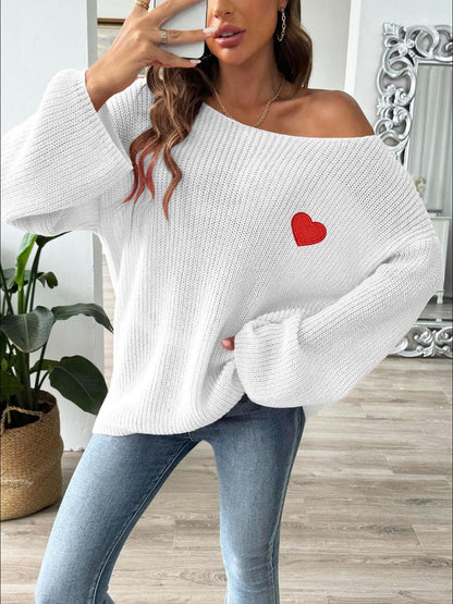 Heart Boat Neck Dropped Shoulder Sweater-Angel Casuals