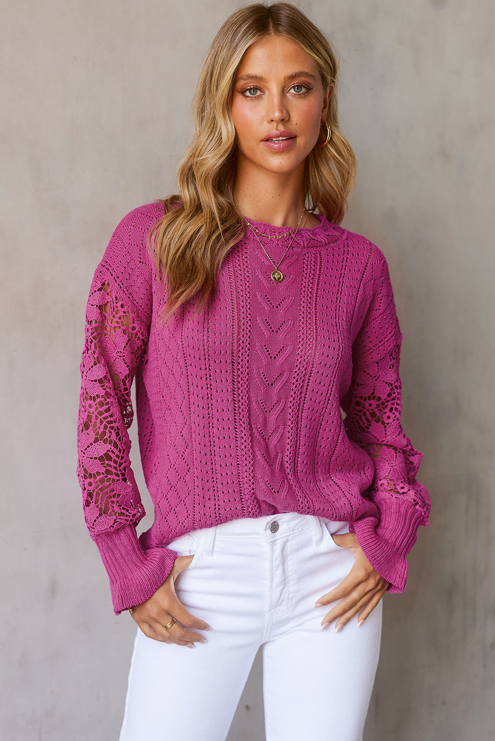 Openwork Lantern Sleeve Dropped Shoulder Sweater-Angel Casuals