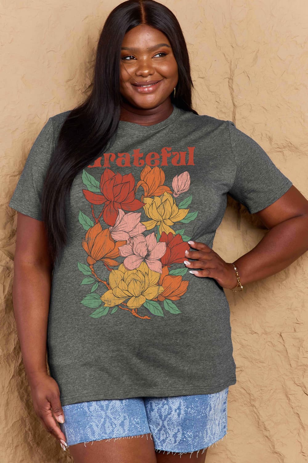 Simply Love Full Size GRATEFUL Flower Graphic Cotton T-Shirt-Angel Casuals