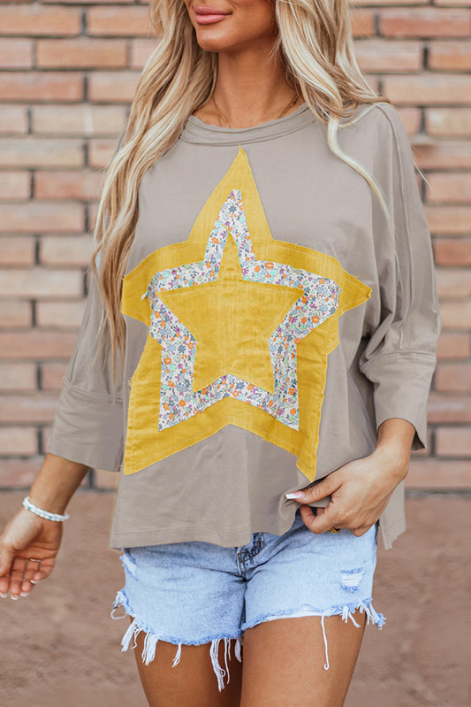 Star Applique Round Neck T-Shirt-Angel Casuals