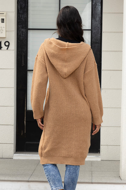 Button Up Long Sleeve Hooded Cardigan with Pockets-Angel Casuals