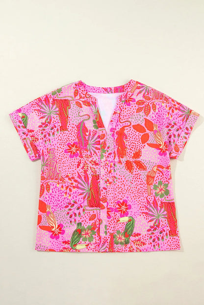 Printed Notched Short Sleeve Top-Angel Casuals